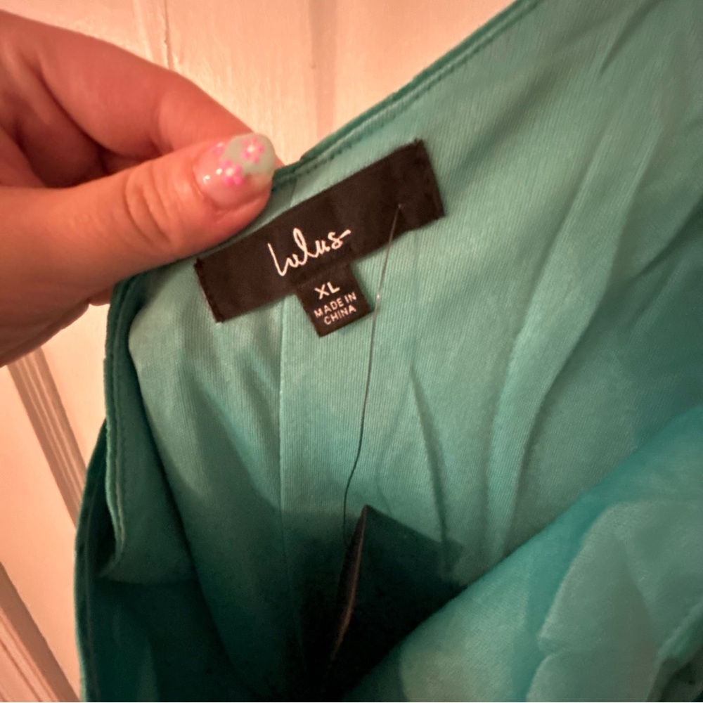 NWT Lulus Chasing Desire Teal Green Satin Jacquard One-Shoulder Maxi Dress - Picture 5 of 8